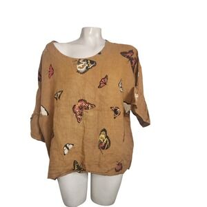 Viola Borghi Italy 100% Linen Butterfly Print Ruffle Sleeve Blouse Ochre MCozy